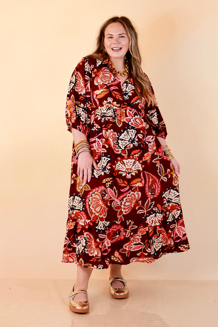 Season of Style Floral Print V Neck 3/4 Sleeve Collared Tiered Midi Dress in Maroon Multi