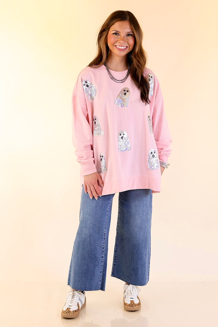 Mud Pie | Too Cute to Spook Crew Neck Sweatshirt with Side Slits and Sequin Ghosts in Pink