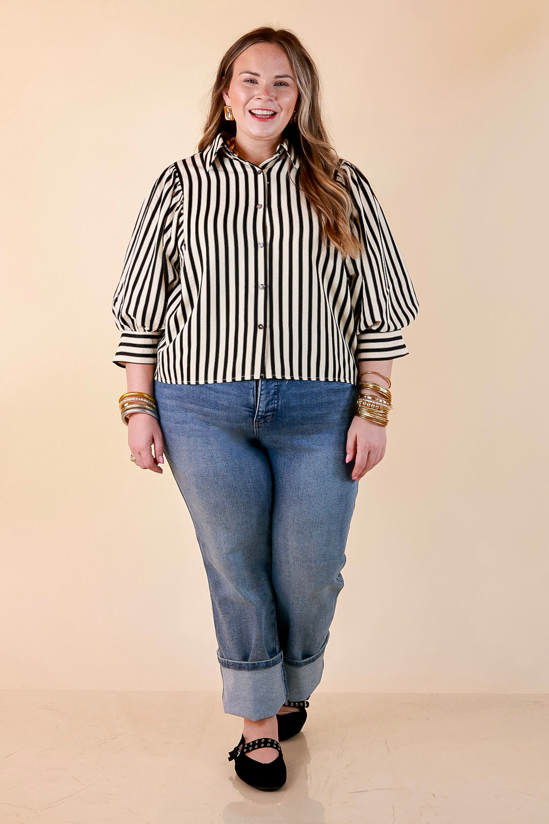 The Bold Type Striped 3/4 Sleeve Button-Up Top in Ivory with Black Stripes