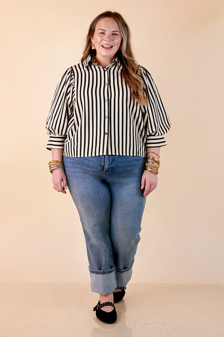 The Bold Type Striped 3/4 Sleeve Button-Up Top in Ivory with Black Stripes