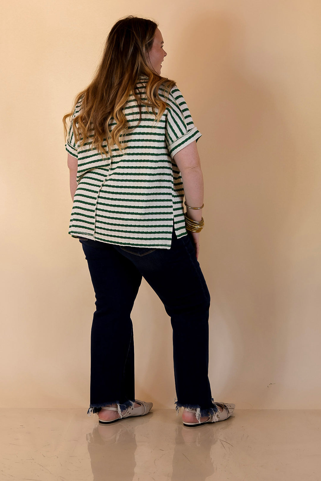 On The Daily Scoop Neck Short Sleeve Striped Textured Top in Kelly Green