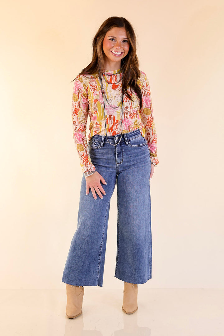 Western Dream Cacti Print Mesh Long Sleeve Top in Cream, Olive Green and Pink