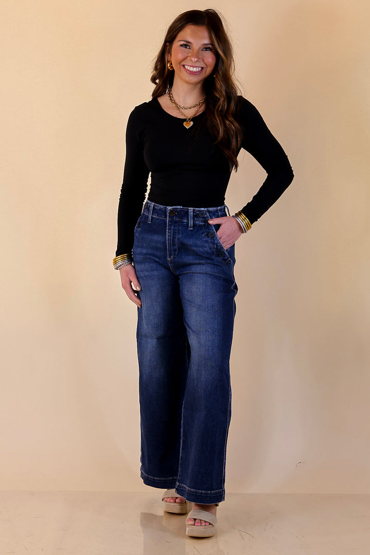 Risen | Steady Style Cropped Wide Leg Trouser Jean with Pocket Detailing in Dark Wash