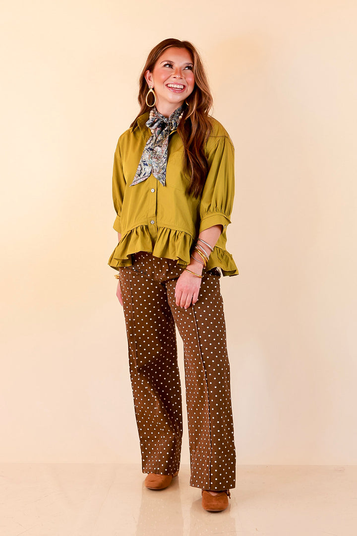 Style Agenda Solid Button Down Peplum Top in Chartreuse Olive Green