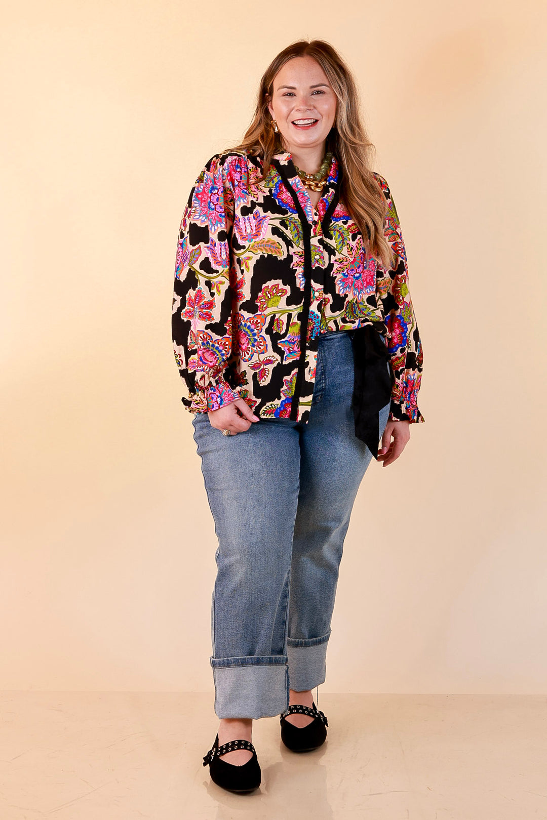 Petal Pop Floral Print Ruffle Front Button Up Long Sleeve Top with Balloon Sleeves in Black