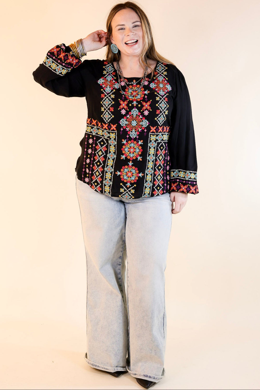 Wake Up Call Embroidered Long Sleeve Top in Black