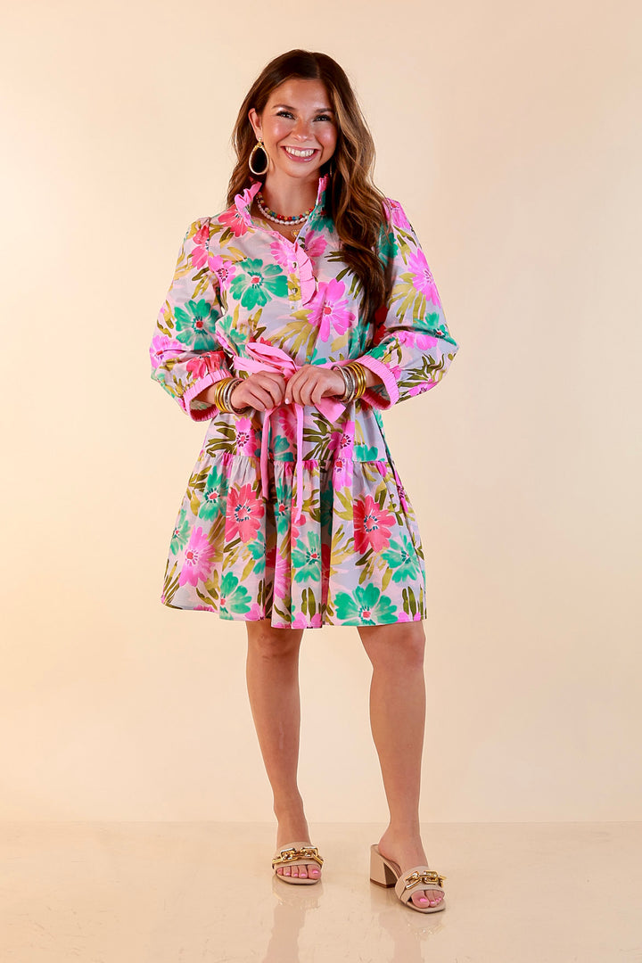 Petals and Promises Floral Print Ruffle Collar Tie Waist Tiered Dress in Pink and Mint