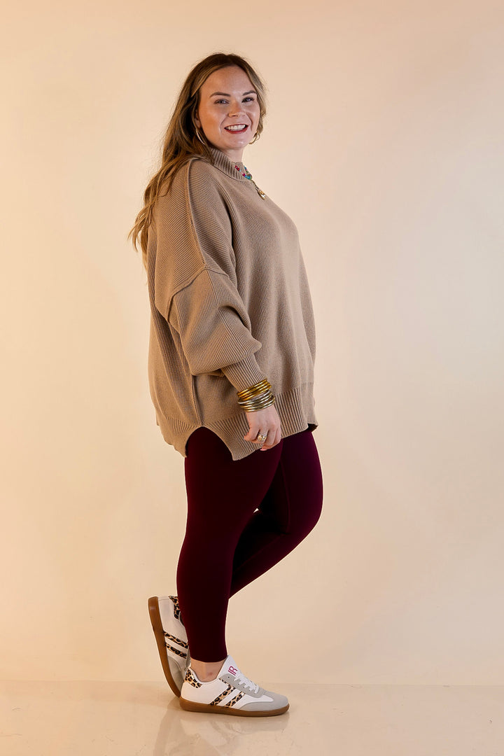 Snug and Stylish Mock Neck Sweater with Side Slit in Light Mocha Brown