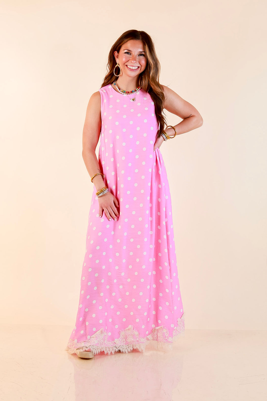 Sweet Little Something Polka Dot Sleeveless Maxi Dress with Lace Trim in Pink