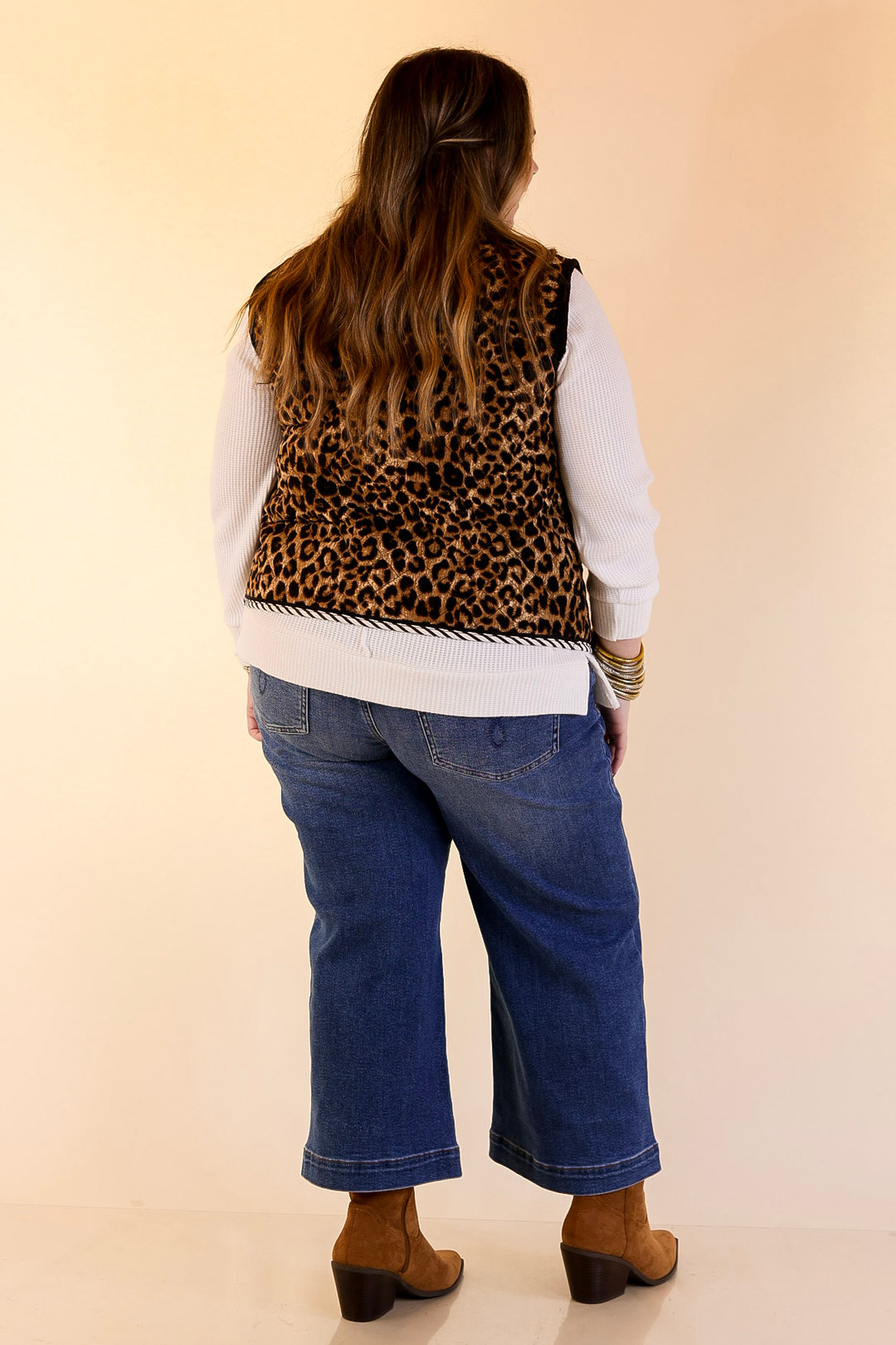Wildly Chic Quilted Puffer Vest with Stripe Trim and Black Piping in Leopard Print