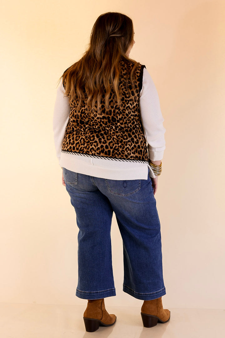 Wildly Chic Quilted Puffer Vest with Stripe Trim and Black Piping in Leopard Print