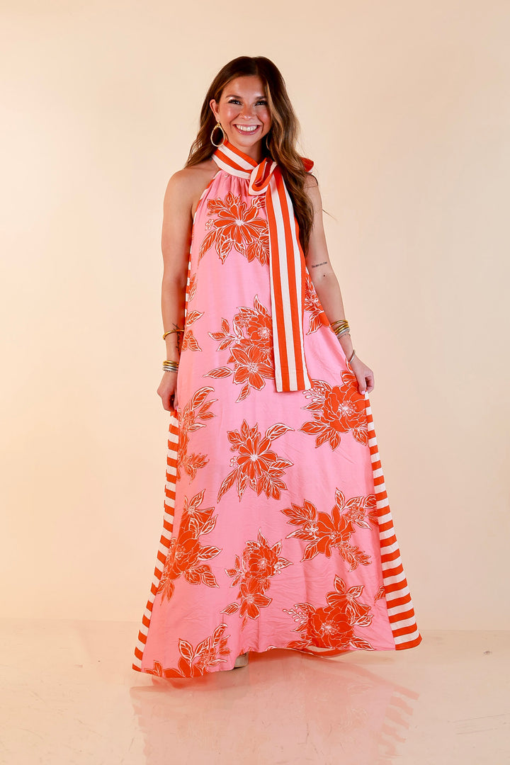 Meet Me in Palm Beach Floral Print Halter Maxi Dress with Adjustable Bow Tie Neck in Pink and Orange