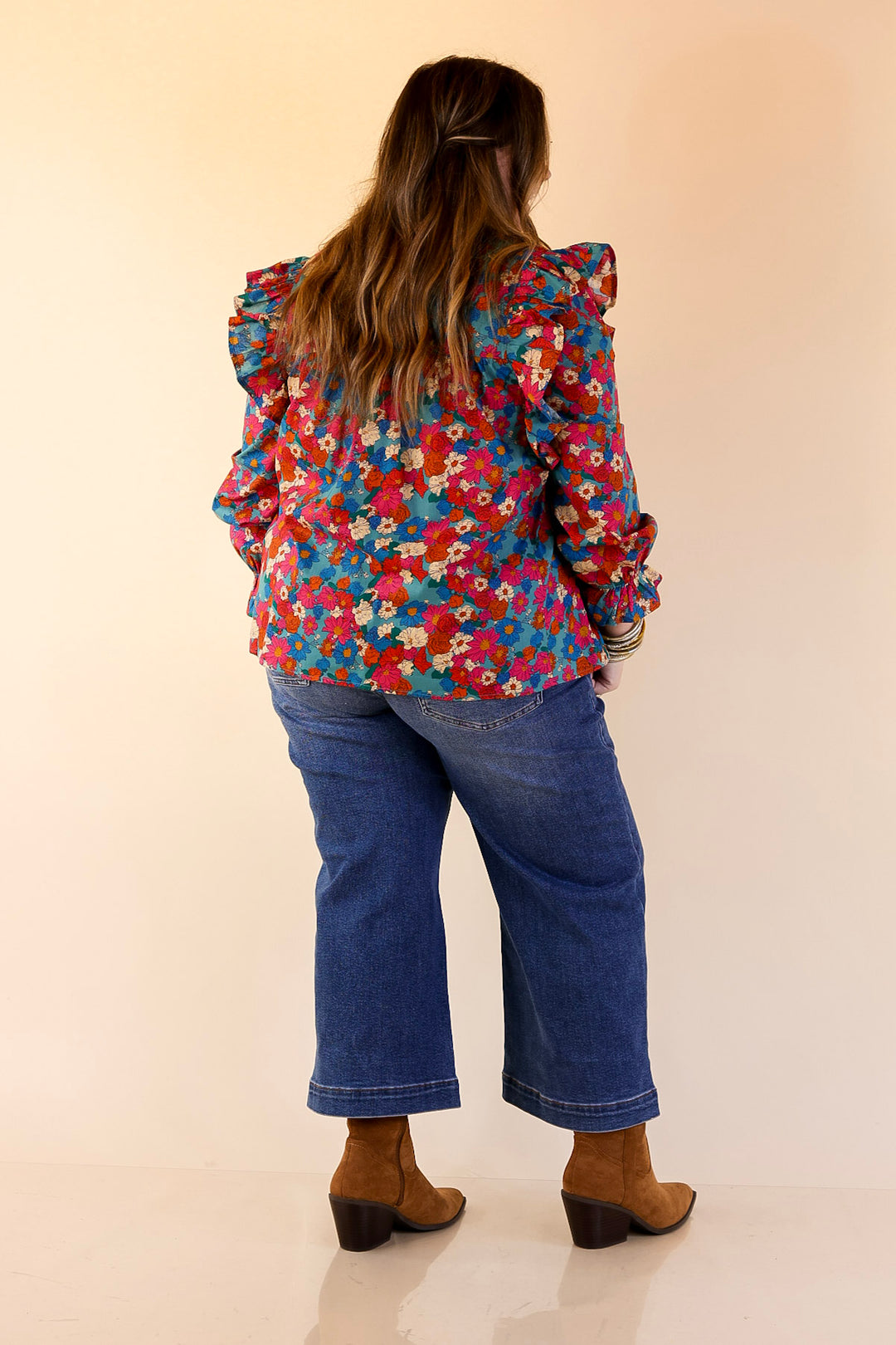 Coffee Perks Floral Ruffle Detail Long Sleeve Top in Turquoise Blue