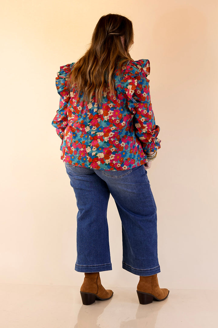 Coffee Perks Floral Ruffle Detail Long Sleeve Top in Turquoise Blue