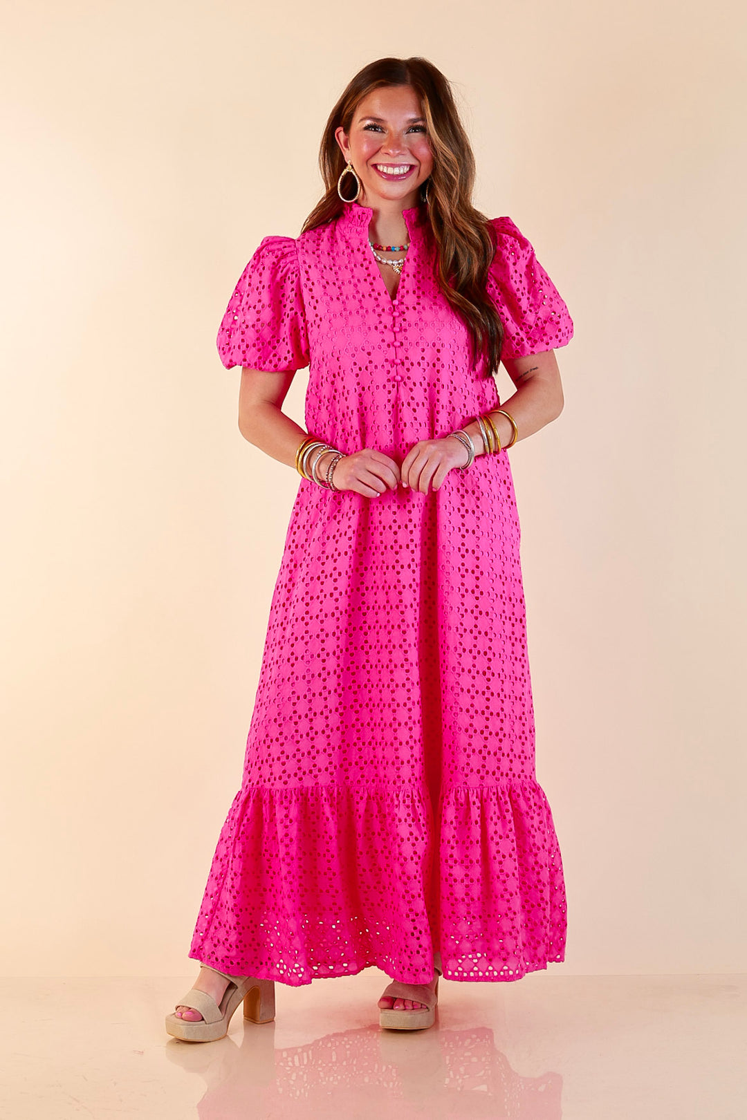 Meet Me at Sunset Eyelet Lace Puff Sleeve Tiered Maxi Dress in Hot Pink