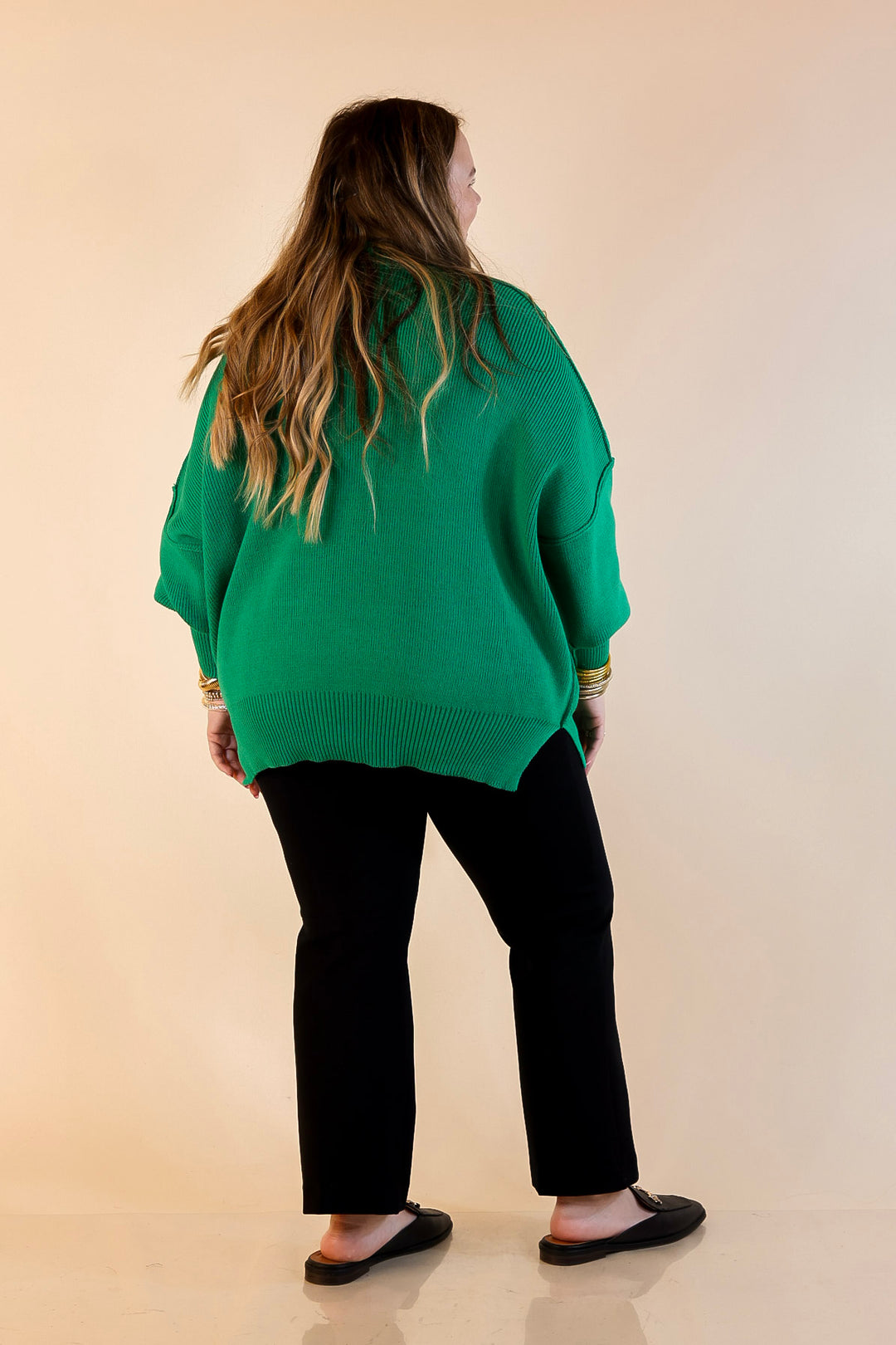 Snug and Stylish Mock Neck Sweater with Side Slit in Kelly Green