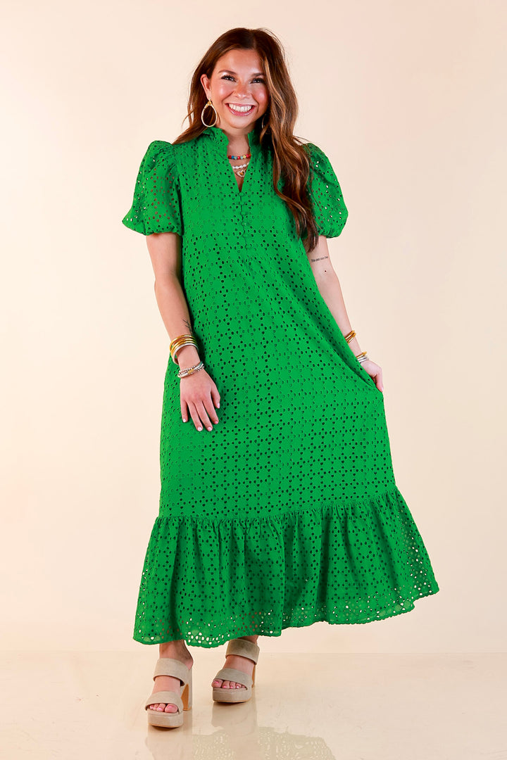 Meet Me at Sunset Eyelet Lace Puff Sleeve Tiered Maxi Dress in Kelly Green
