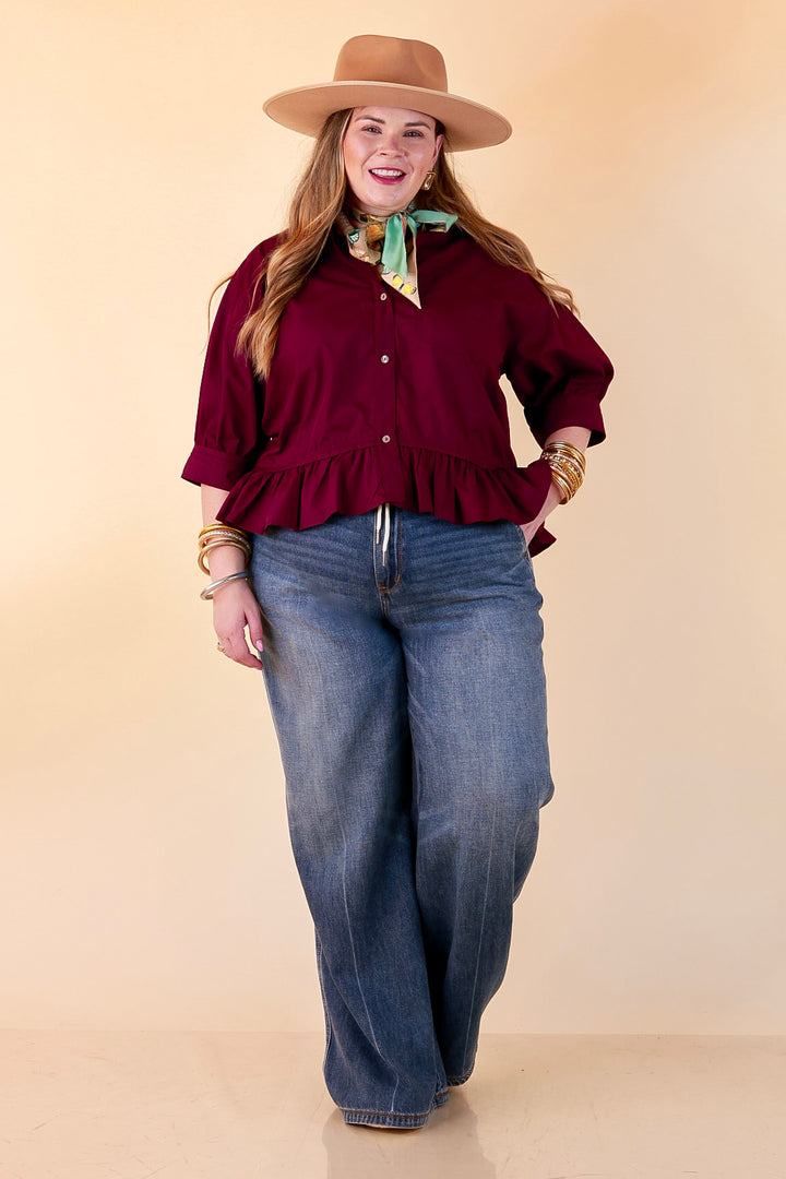 Style Agenda Solid Button Down Peplum Top in Maroon