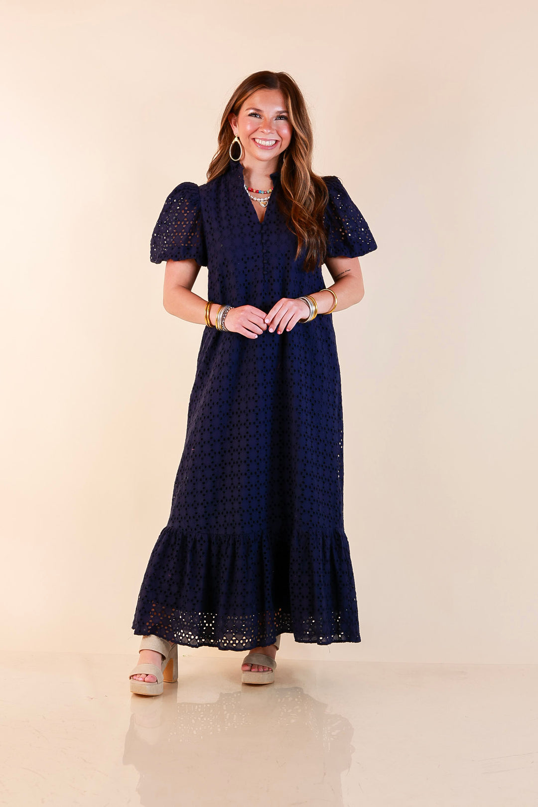 Meet Me at Sunset Eyelet Lace Puff Sleeve Tiered Maxi Dress in Navy Blue
