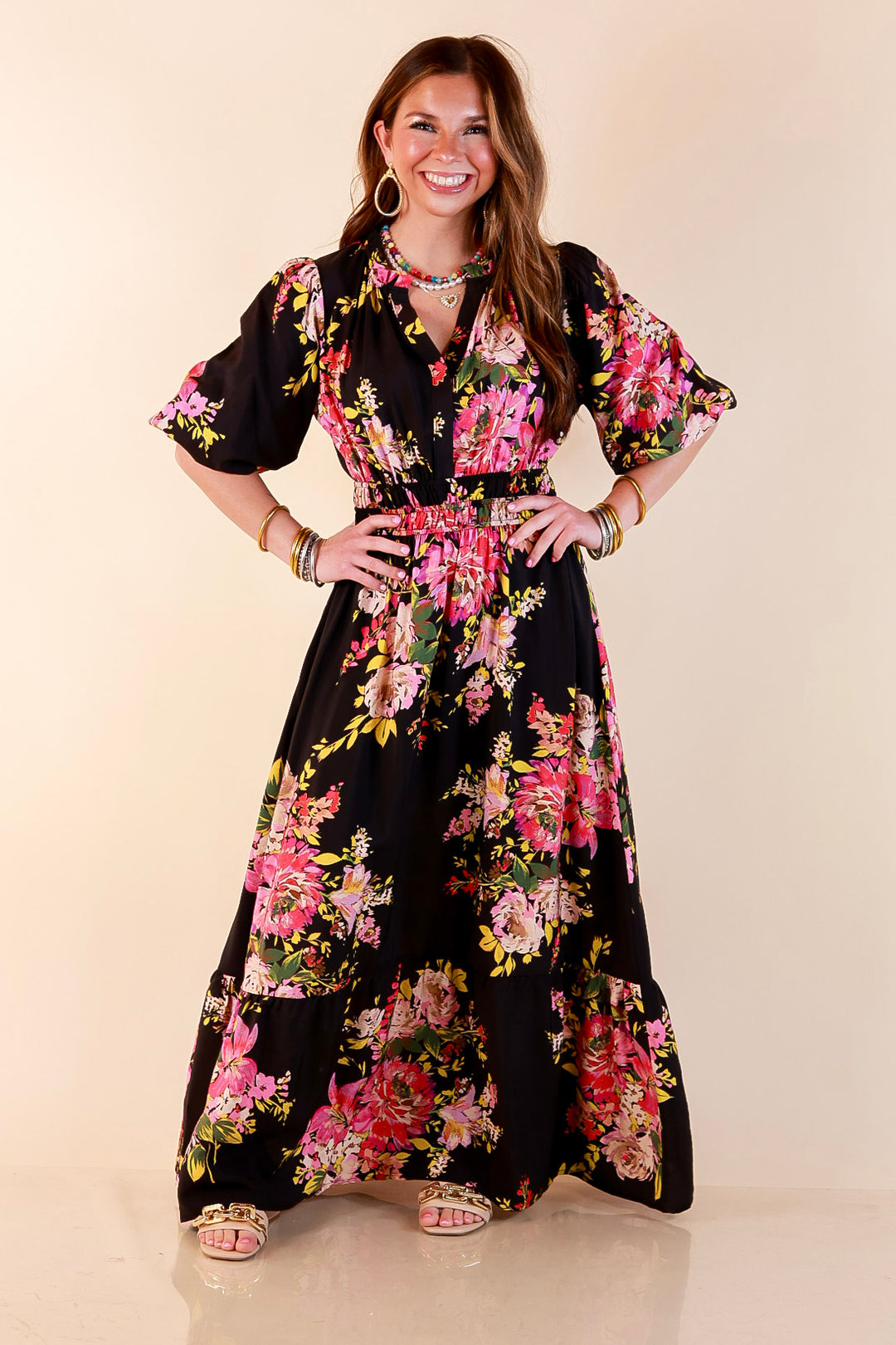 Reserved for Brunch Puff Sleeve Smocked Waist Floral Maxi Dress in Black Multi