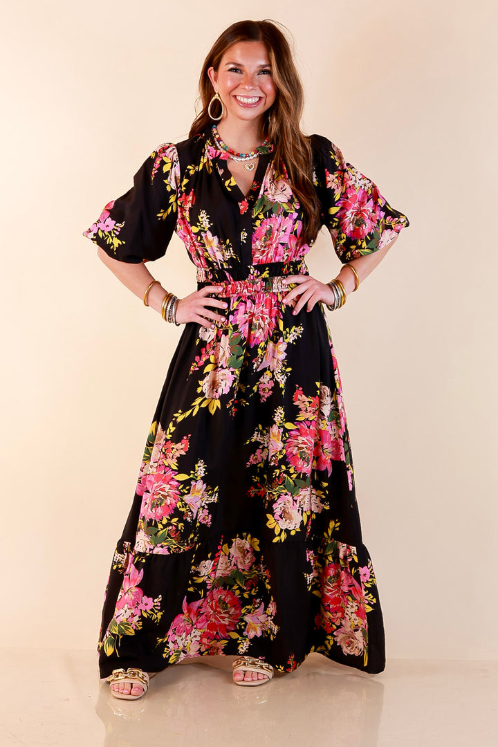 Reserved for Brunch Puff Sleeve Smocked Waist Floral Maxi Dress in Black Multi