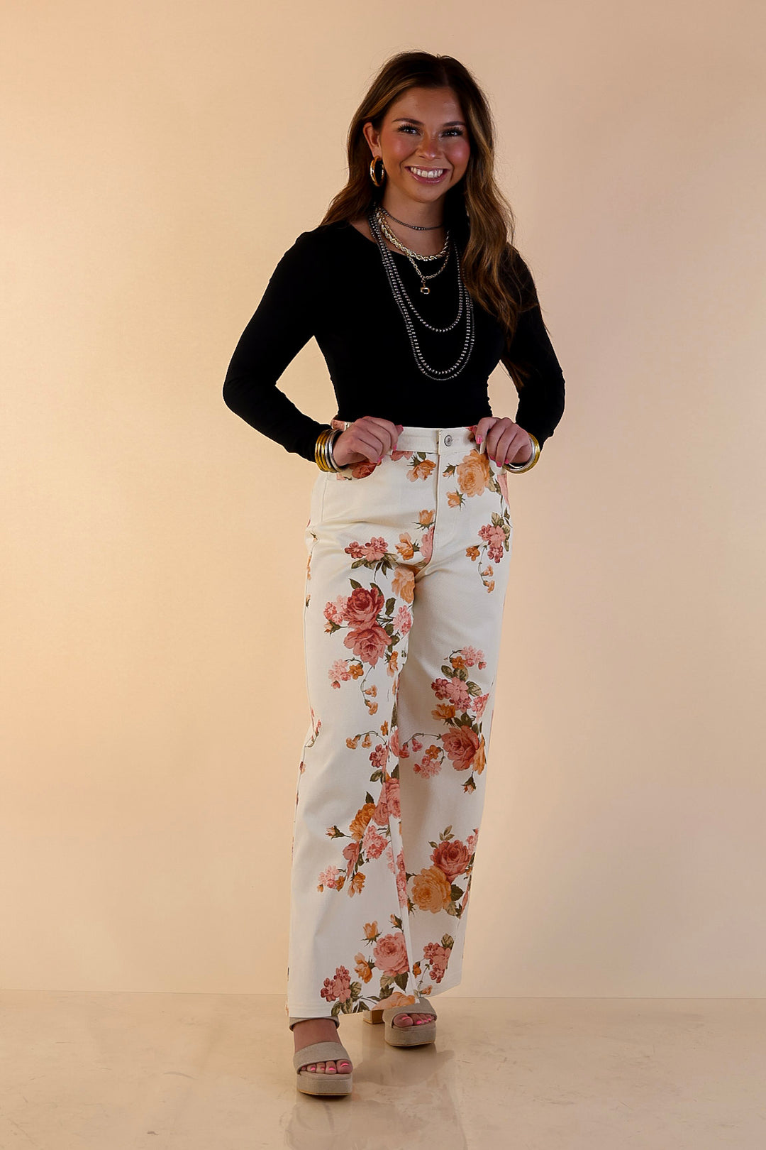 The Best Cropped Wide Leg Vintage Rose Floral Print Jeans in Ivory