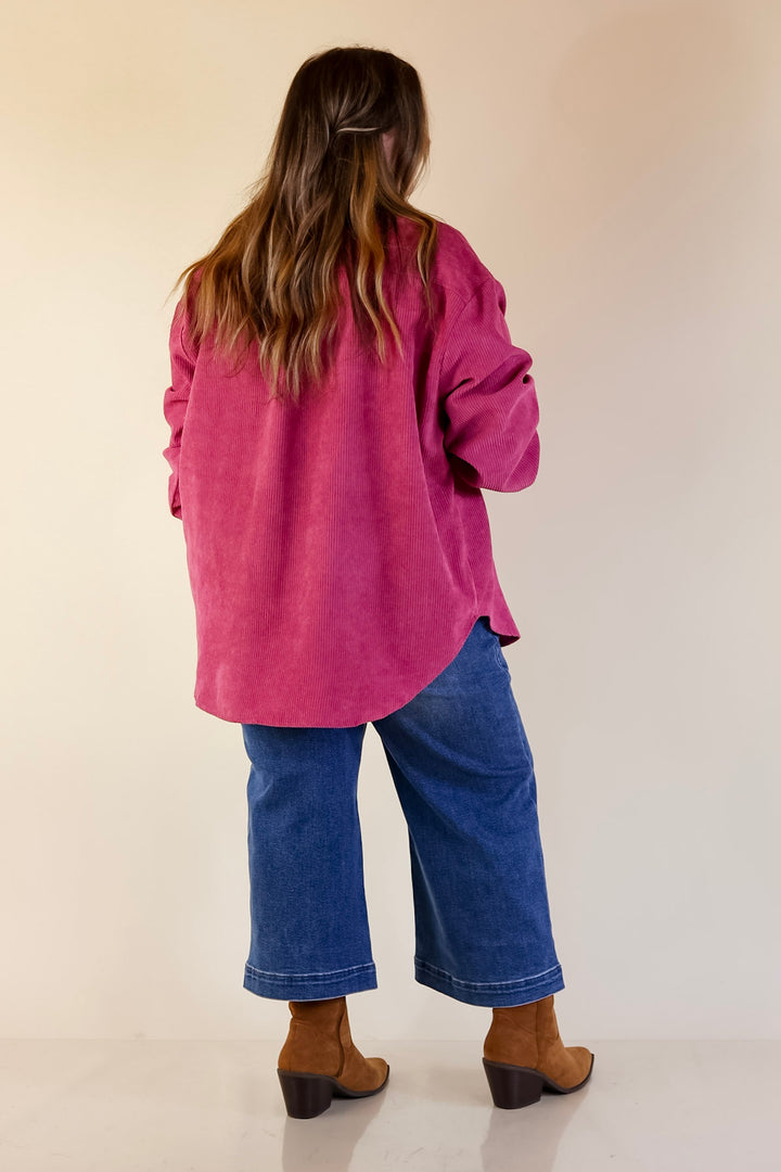 All Dolled Up Button Up Corduroy Shacket in Orchid Pink
