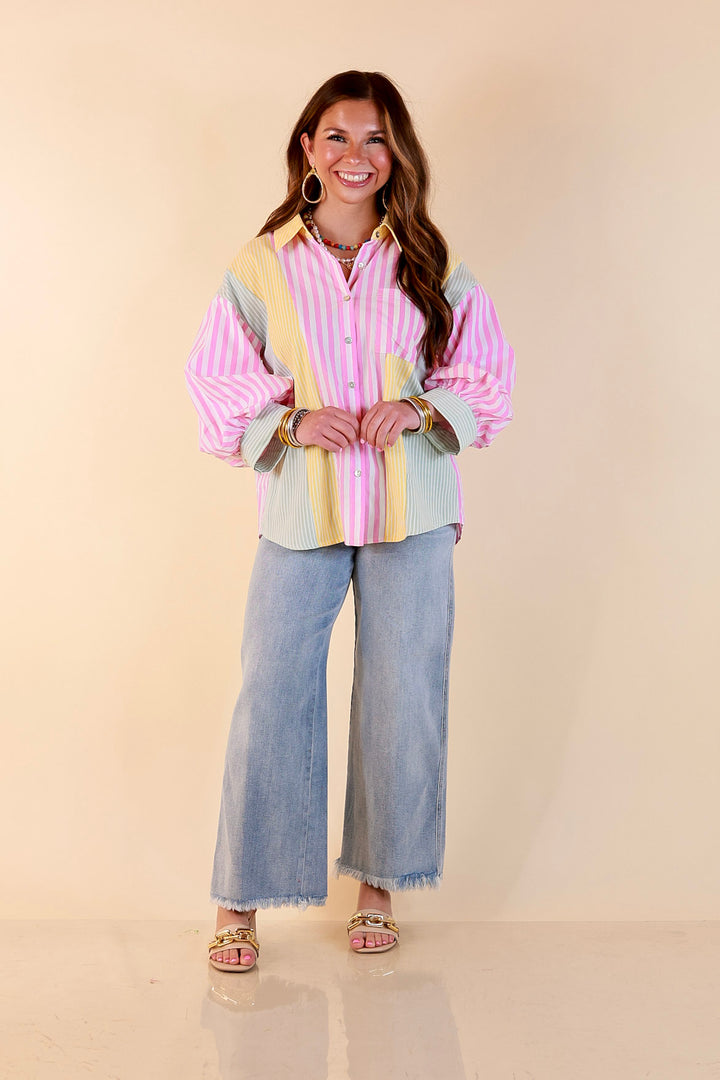 Lovely Impression Colorblock Stripe Button Front Top with Balloon Sleeves in Pink, Yellow and Green