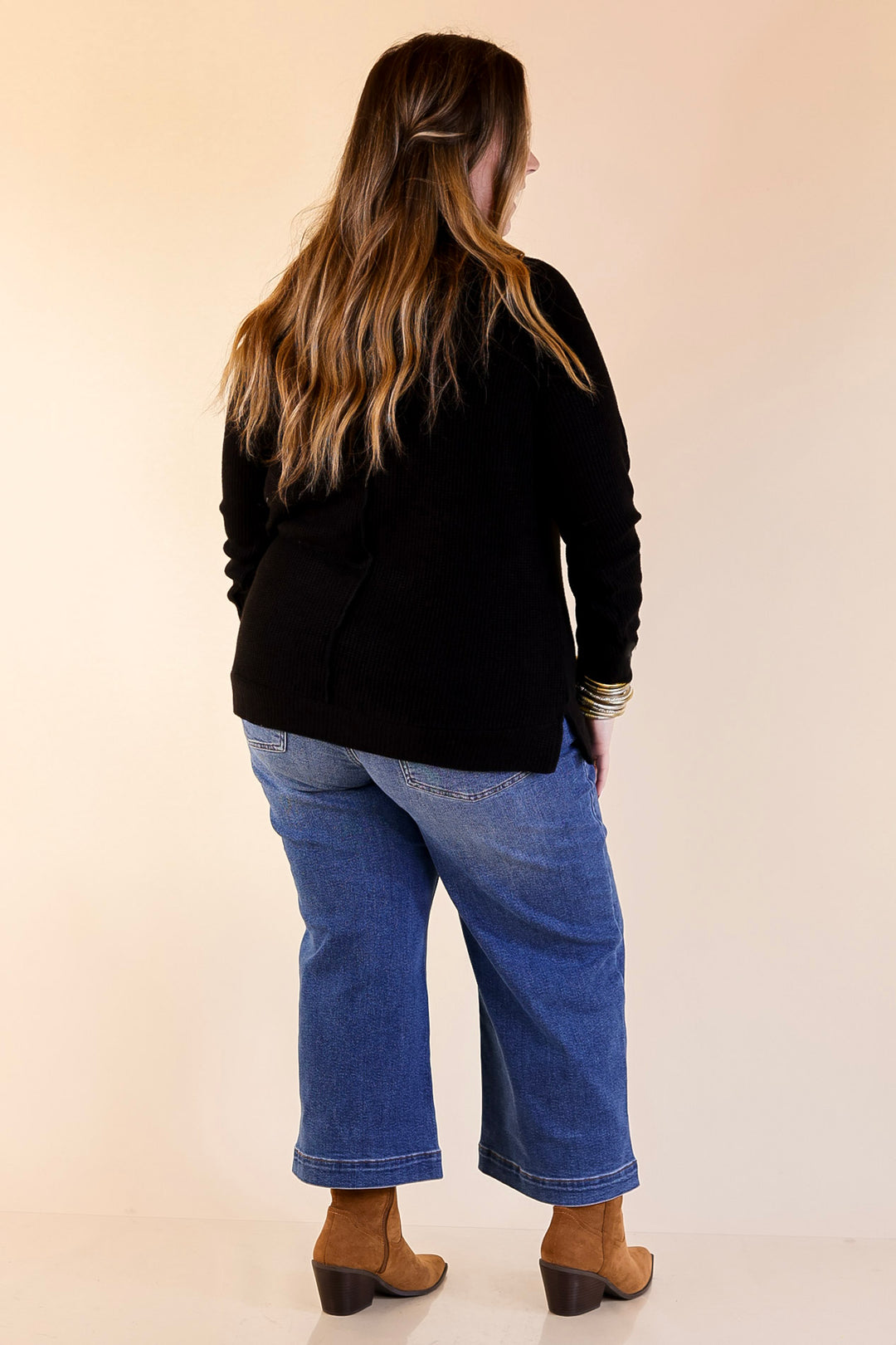 Essentially Chic Waffle Knit Long Sleeve Scoop Neck Top in Black