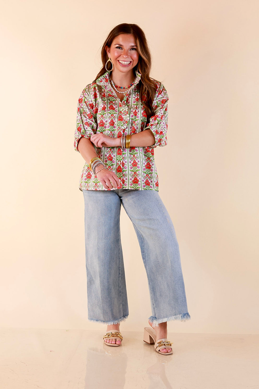 Charming Details Floral Print Button Front Dolman Top with Ruffle Collar in Ivory