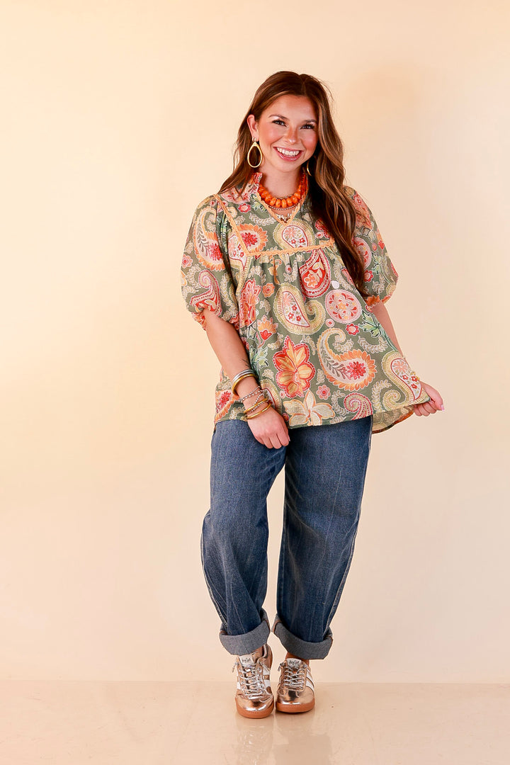 Blooming Days Ahead Paisley Print V Neck Blouse with Puff Sleeves, Ruffle Trim Collar and Lace Trim Yoke in Olive Green Mix