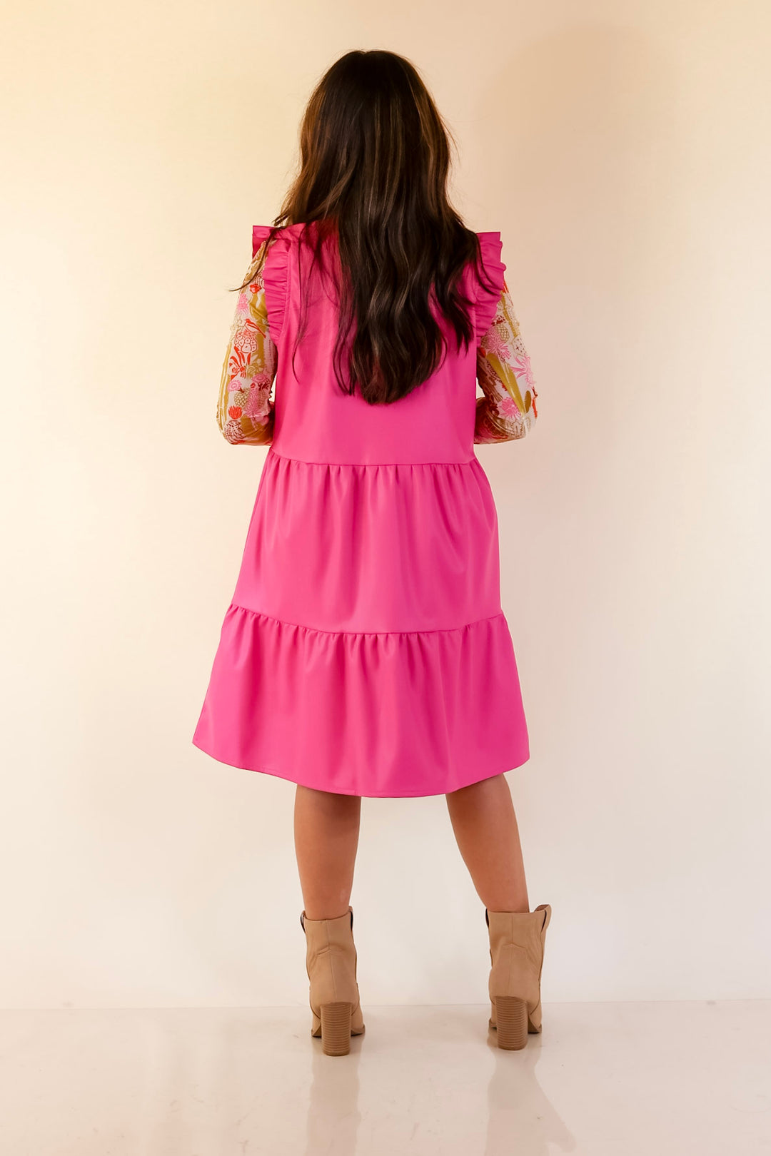 Mud Pie | Tabitha Ruffle Sleeve V-Neck Faux Leather Tiered Dress in Hot Pink Mud Pie | Tabitha Ruffle Sleeve V-Neck Faux Leather Tiered Dress in Hot Pink