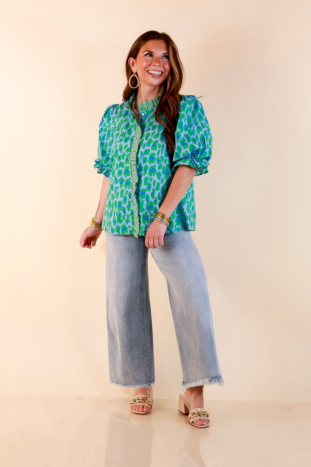 Catch the Compliments Puff Sleeve Ruffle Trim Leopard Print Statement Top in Green and Blue
