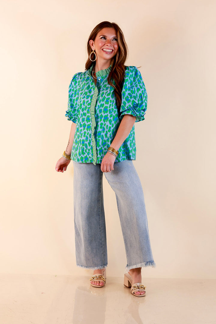 Catch the Compliments Puff Sleeve Ruffle Trim Leopard Print Statement Top in Green and Blue