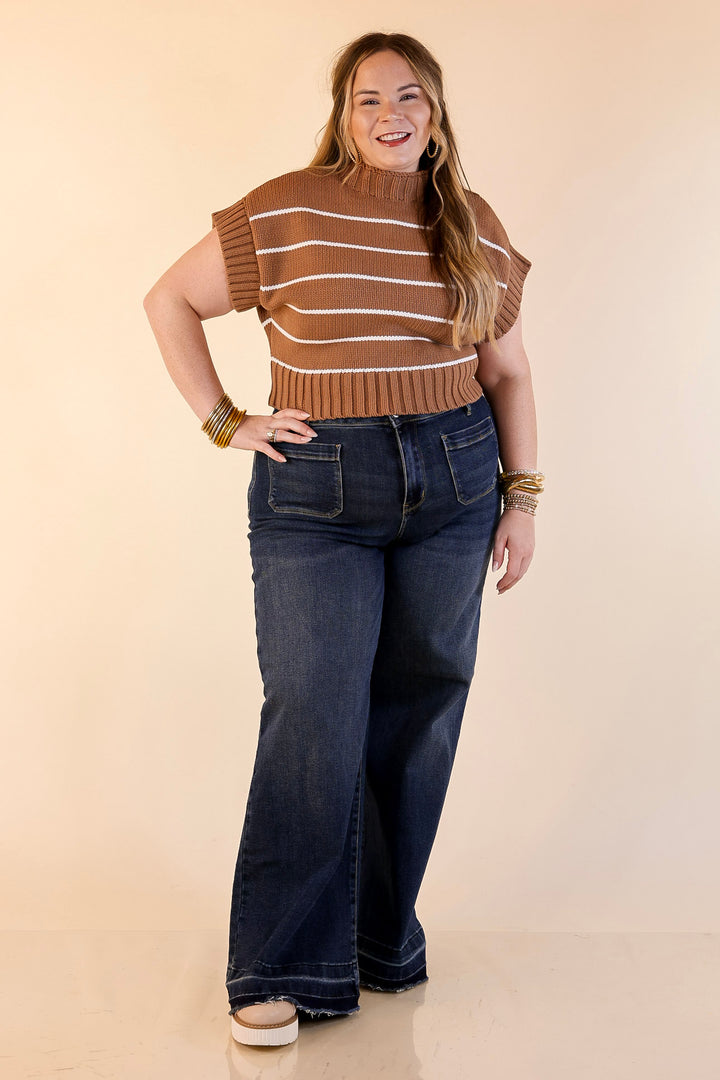 Sweet in Stripes Short Sleeve Striped Mock Neck Sweater in Camel Brown