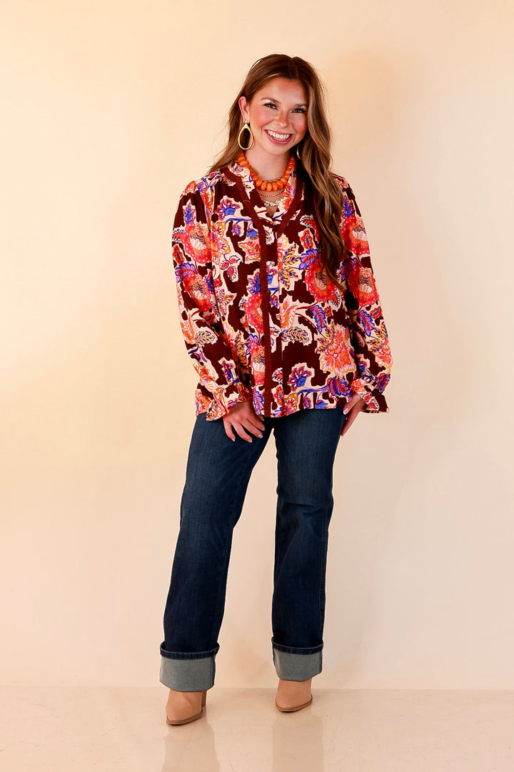 Petal Pop Floral Print Ruffle Front Button Up Long Sleeve Top with Balloon Sleeves in Coco Brown
