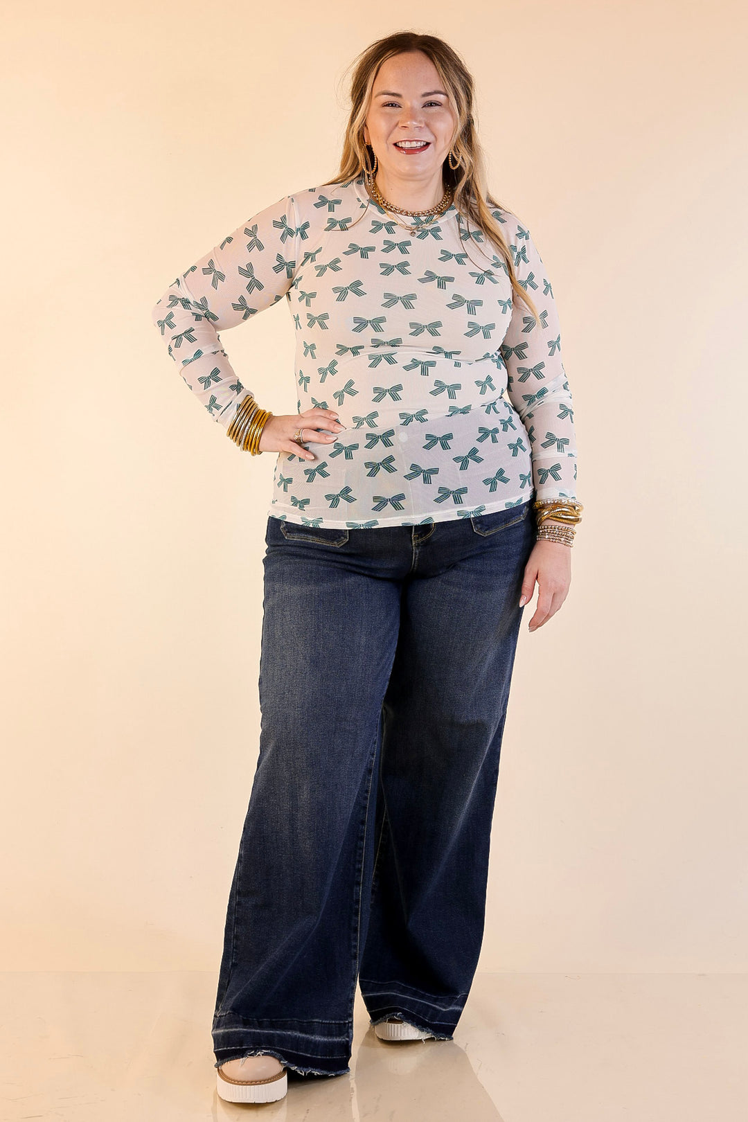 The Perfect Layer Bow Print Mesh Long Sleeve Top in Ivory and Green