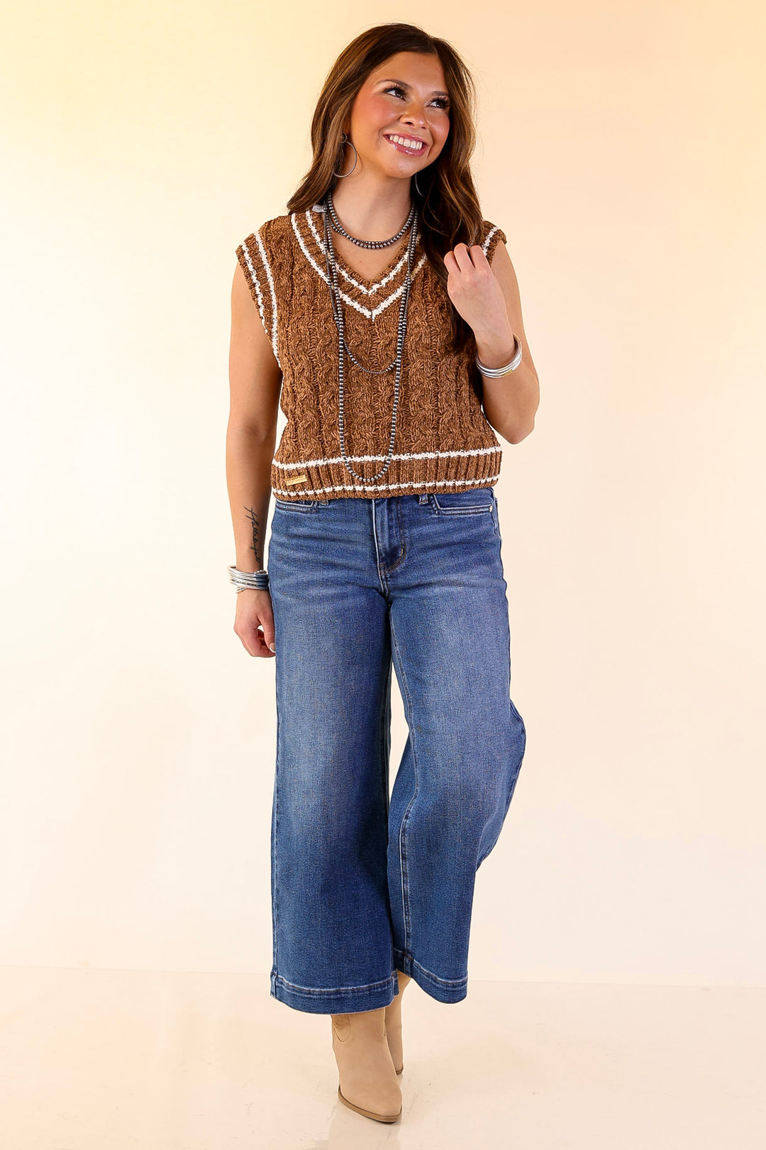 Simply Southern | Bliss Cable Knit Teddy Sweater Vest with V-Neckline and Contrast Trim in Umber Brown