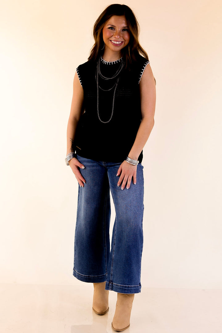 Simply Southern | Olivia Large Knit Sweater Vest with Contrast White Stitching in Black