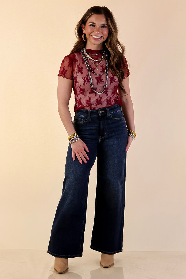 Lovely in Lace Sheer Mock Neck Short Sleeve Top in Maroon