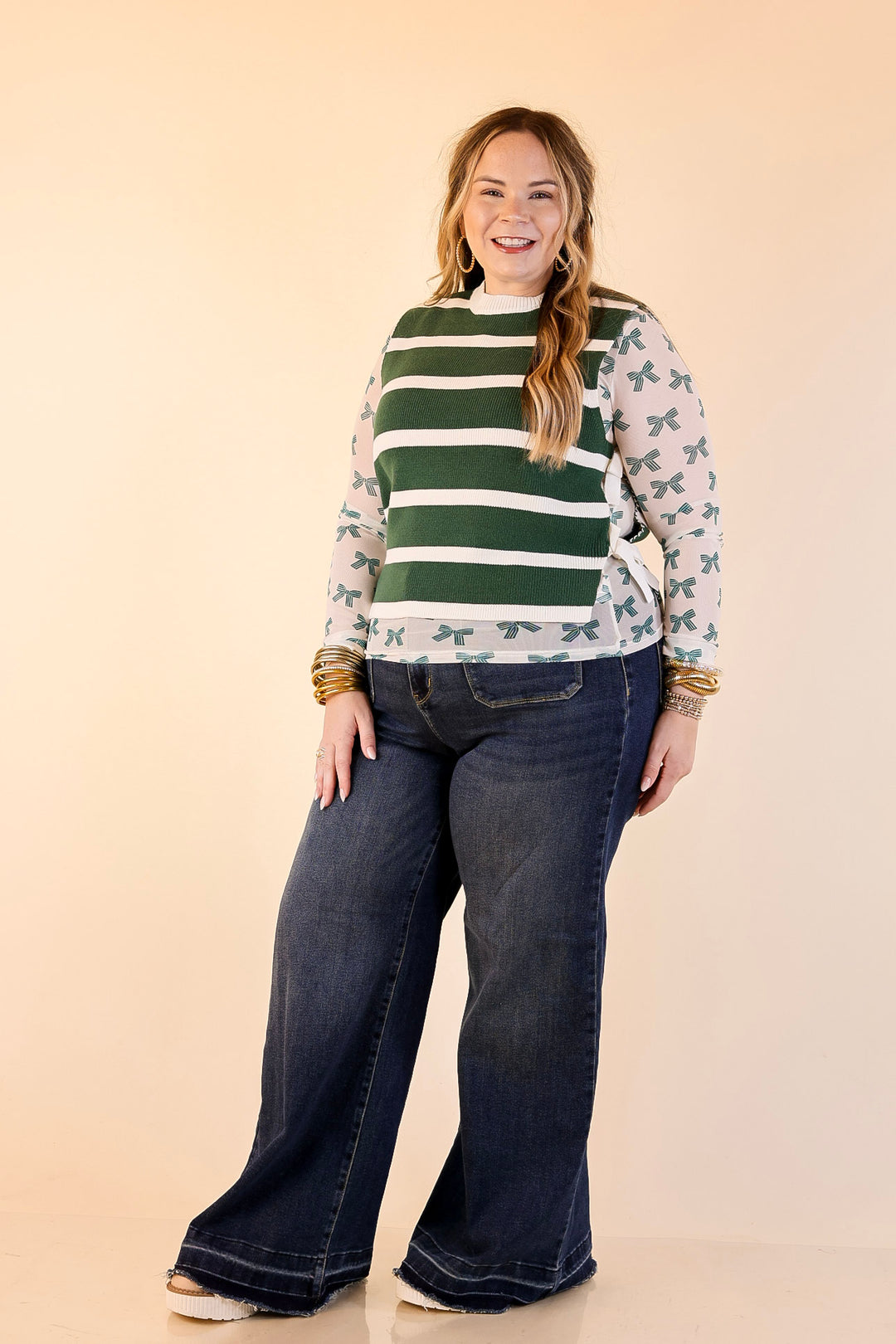 Tied Up in Style Knit Sweater with Side Ties in Forest Green with Off White Stripes