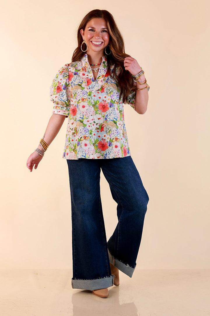 Commanding Style V Neck Floral Print Top with Short Balloon Puff Sleeves in Light Blue