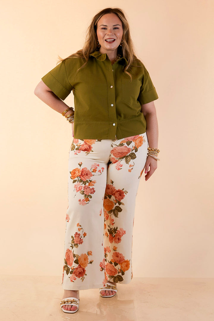 Casual Composure Button Front Short Sleeve Linen Top in Olive Green