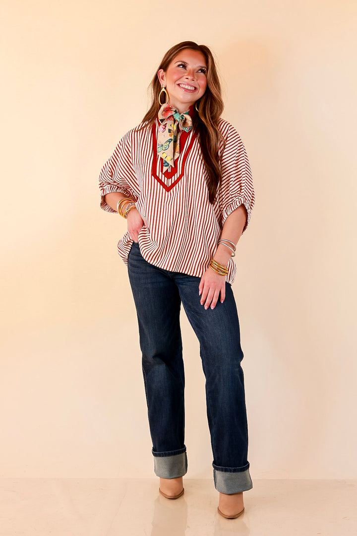 Naturally Stylish Stripe Top with Contrast Stripe Trim and Short Dolman Sleeves in Brick Red
