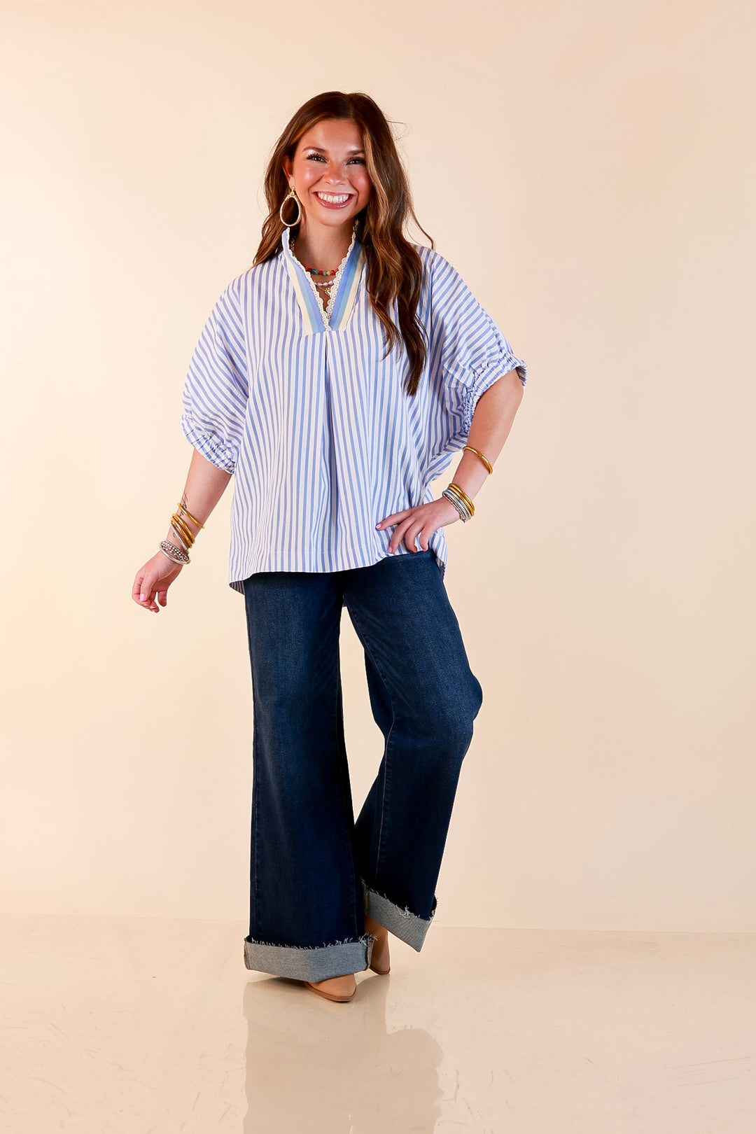 Naturally Stylish Striped Poncho Top with Lace Trim Details and Dolman Sleeves in Baby Blue