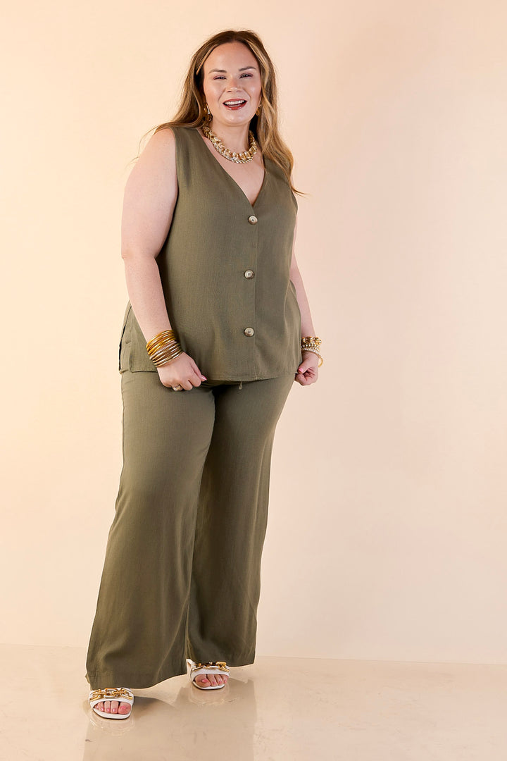 Styled in Comfort Linen Wide Leg Drawstring Pants in Olive Green