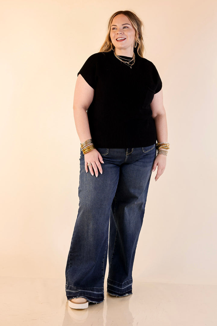 Repeat Ready Cap Sleeve Sweater with Front Pocket in Black