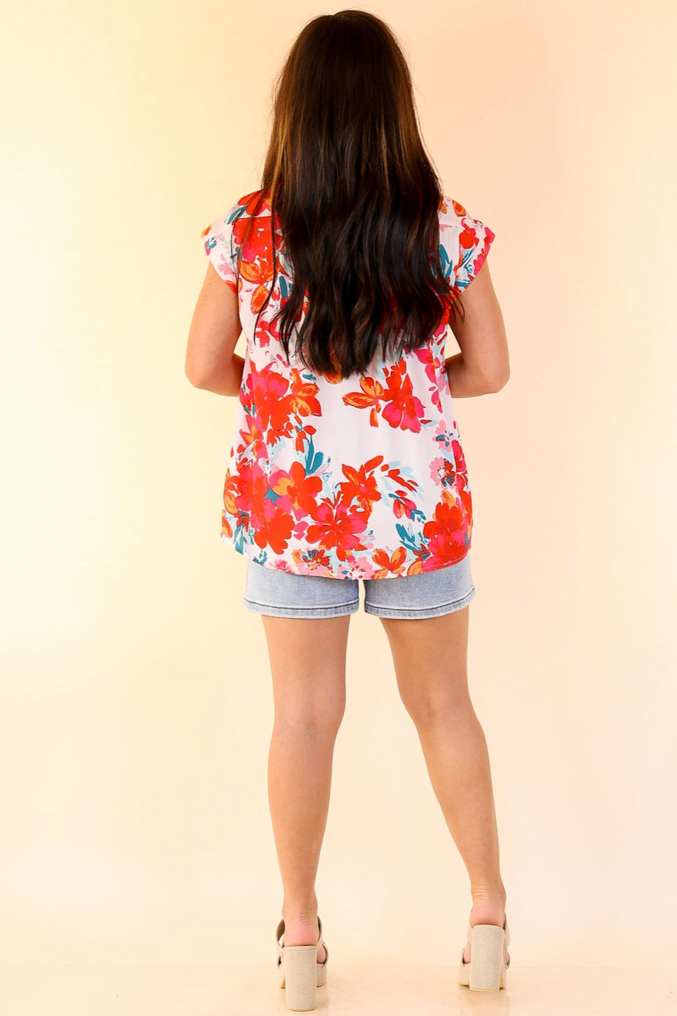 Summer Lover Floral Half Button Up Top with Short Sleeves in Red Mix