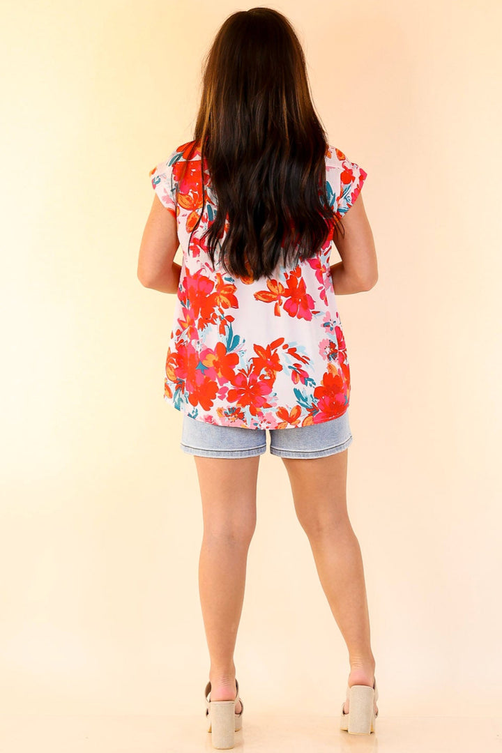 Summer Lover Floral Half Button Up Top with Short Sleeves in Red Mix