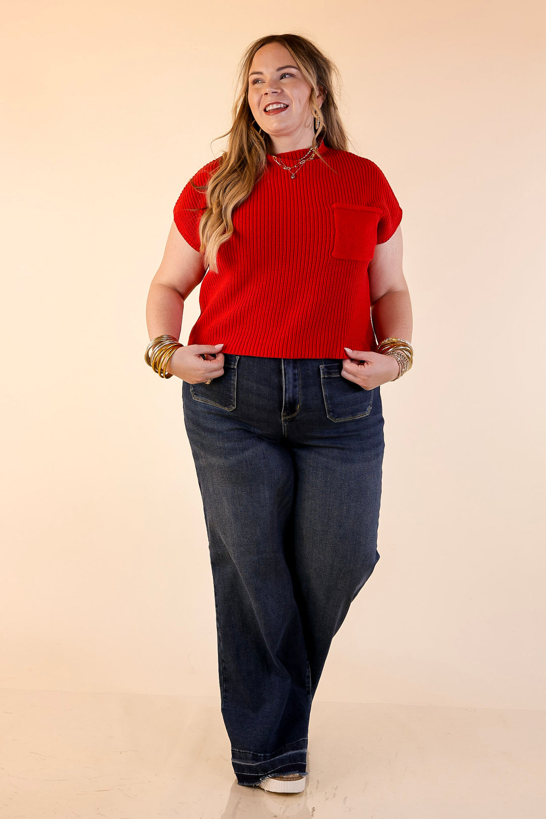 Repeat Worthy Cap Sleeve Cropped Sweater with Front Pocket in Red